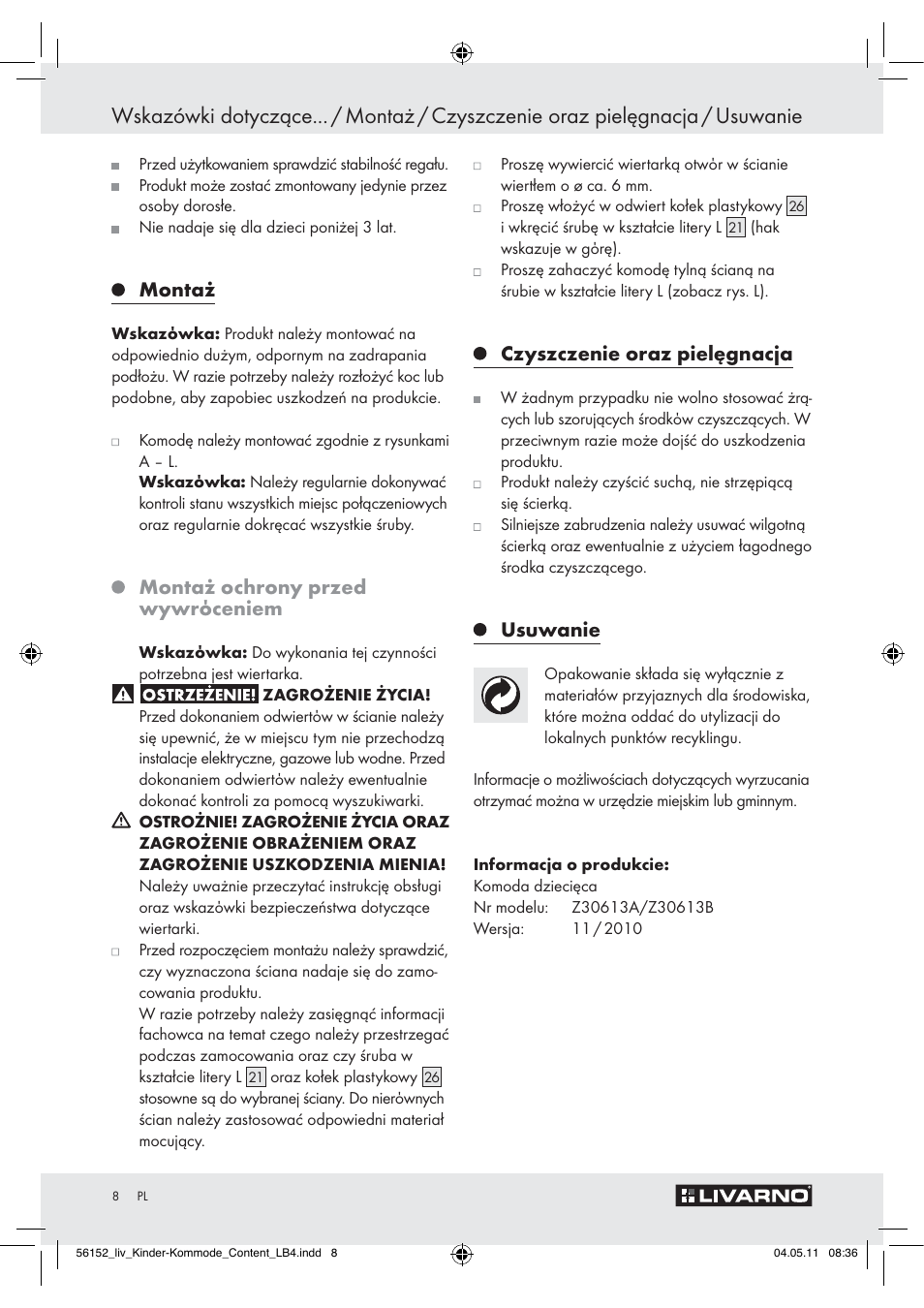 Montaż, Montaż ochrony przed wywrόceniem, Czyszczenie oraz pielęgnacja | Usuwanie | Livarno Z30613A/Z30613B User Manual | Page 6 / 24