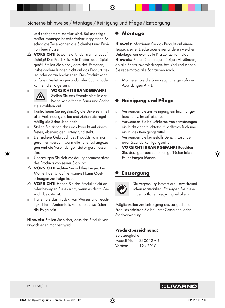 Montage, Reinigung und pflege, Entsorgung | Livarno Z30612A-B User Manual | Page 10 / 13