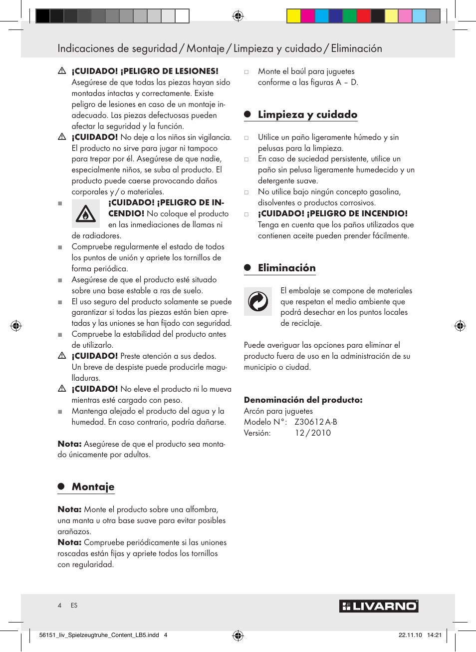 Montaje, Limpieza y cuidado, Eliminación | Livarno Z30612A-B User Manual | Page 2 / 13