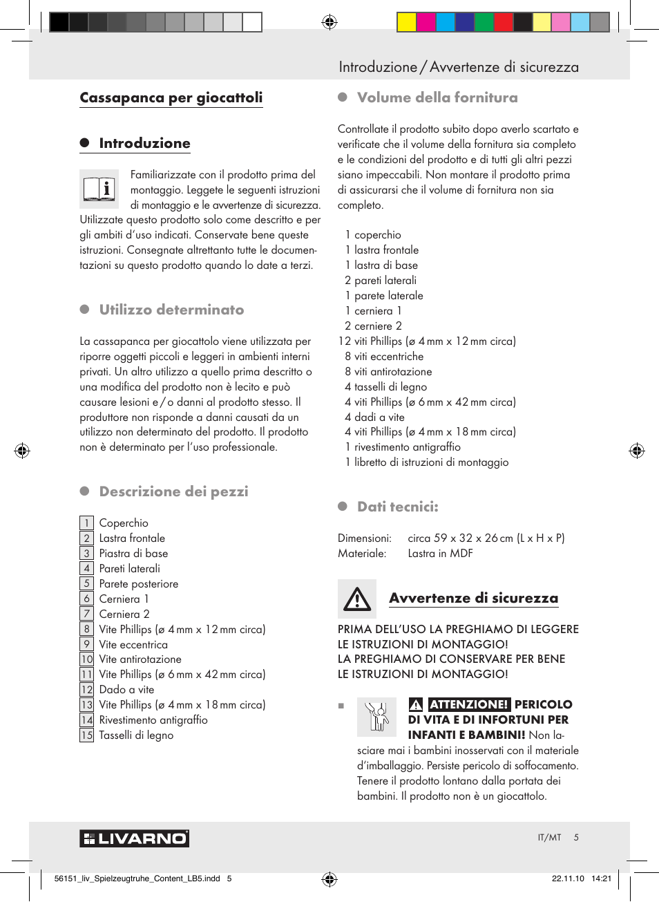 Introduzione / avvertenze di sicurezza, Cassapanca per giocattoli, Introduzione | Utilizzo determinato, Descrizione dei pezzi, Volume della fornitura, Dati tecnici, Avvertenze di sicurezza | Livarno Z30612A-B User Manual | Page 3 / 13