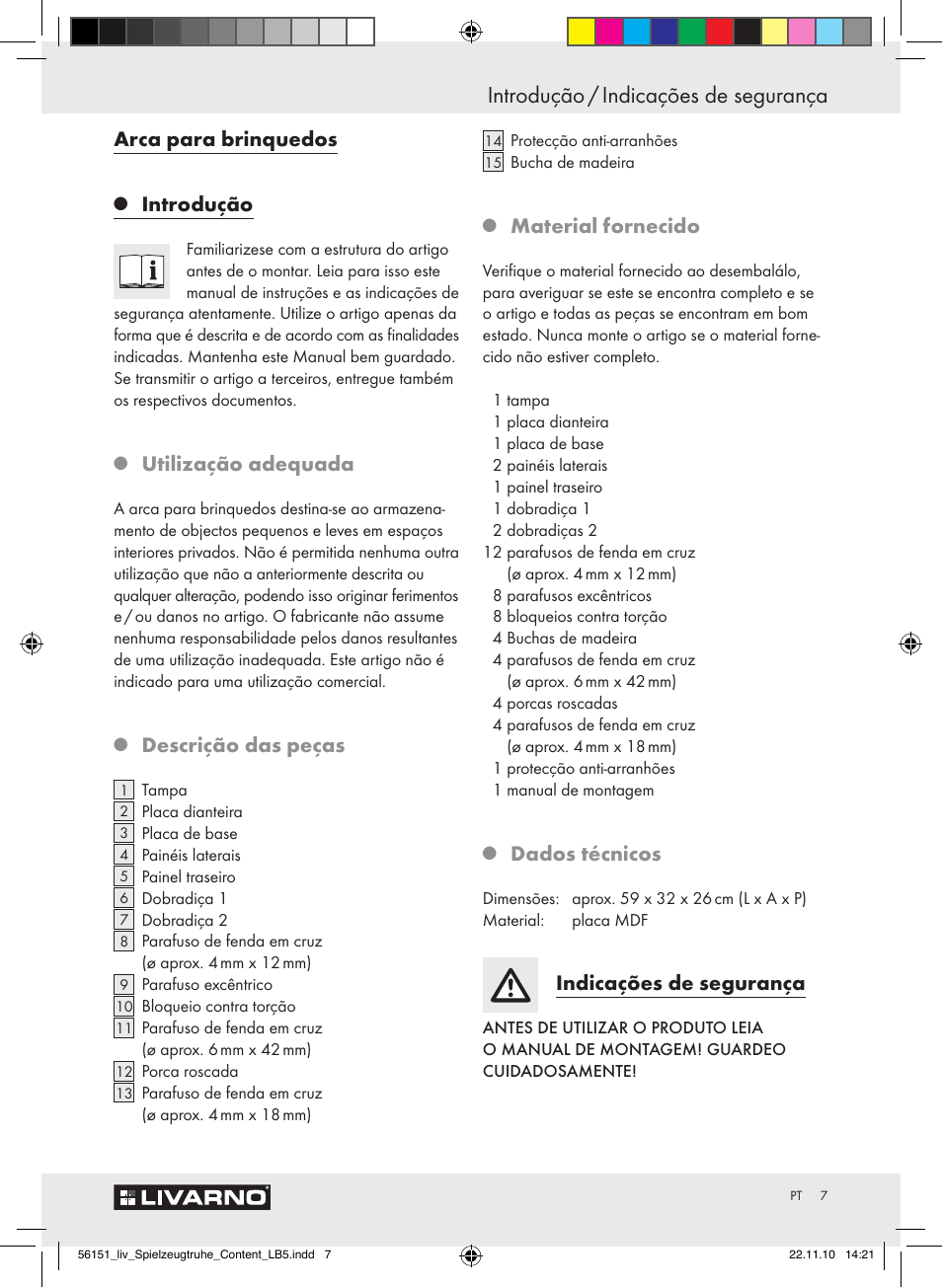 Introdução / indicações de segurança, Arca para brinquedos, Introdução | Utilização adequada, Descrição das peças, Material fornecido, Dados técnicos, Indicações de segurança | Livarno Z30612A-B User Manual | Page 5 / 13