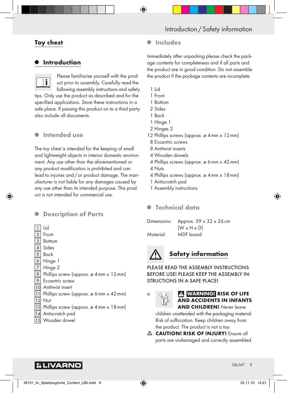 Introduction / safety information, Toy chest, Introduction | Intended use, Description of parts, Includes, Technical data, Safety information | Livarno Z30612A-B User Manual | Page 7 / 13