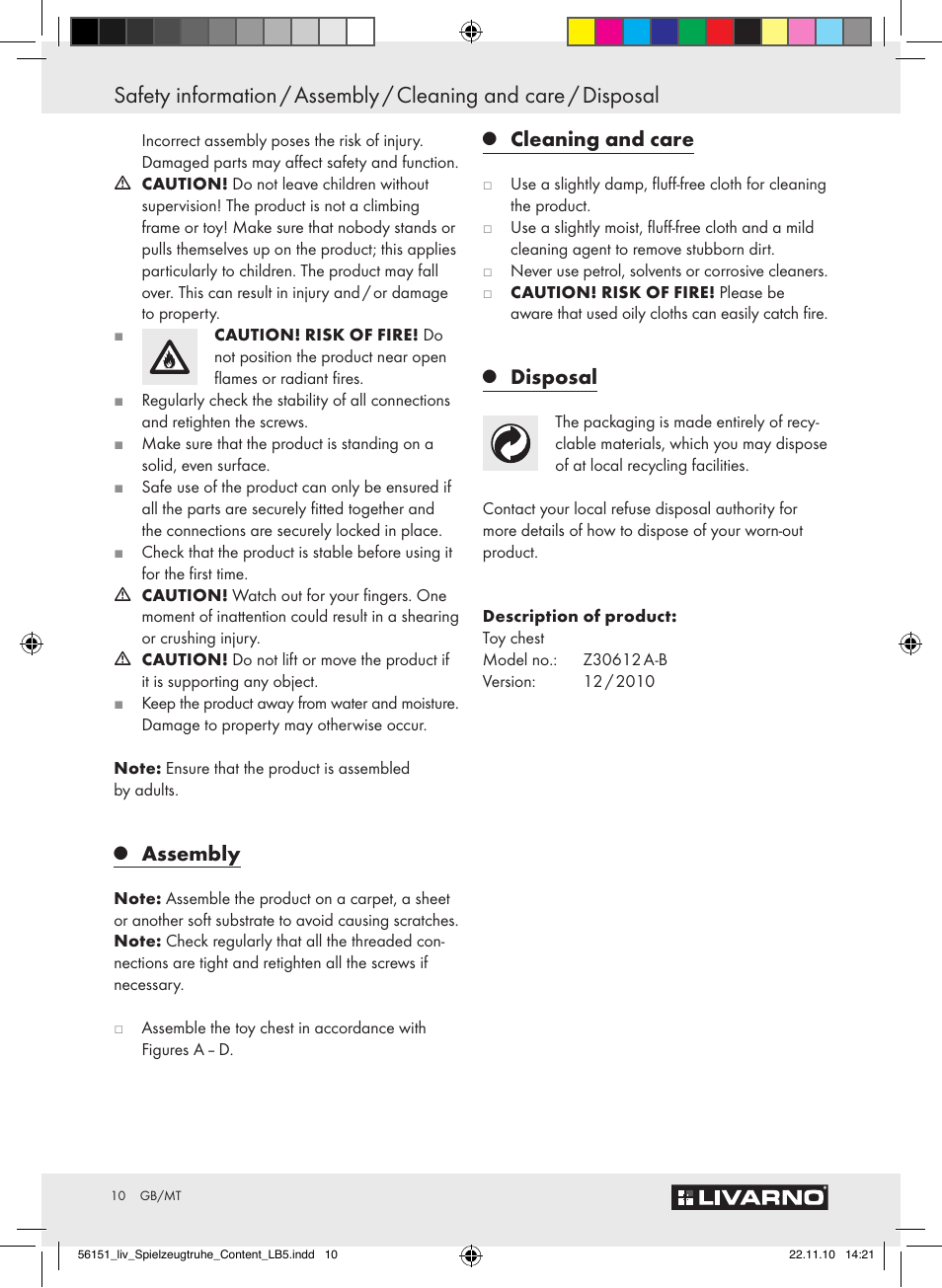 Assembly, Cleaning and care, Disposal | Livarno Z30612A-B User Manual | Page 8 / 13