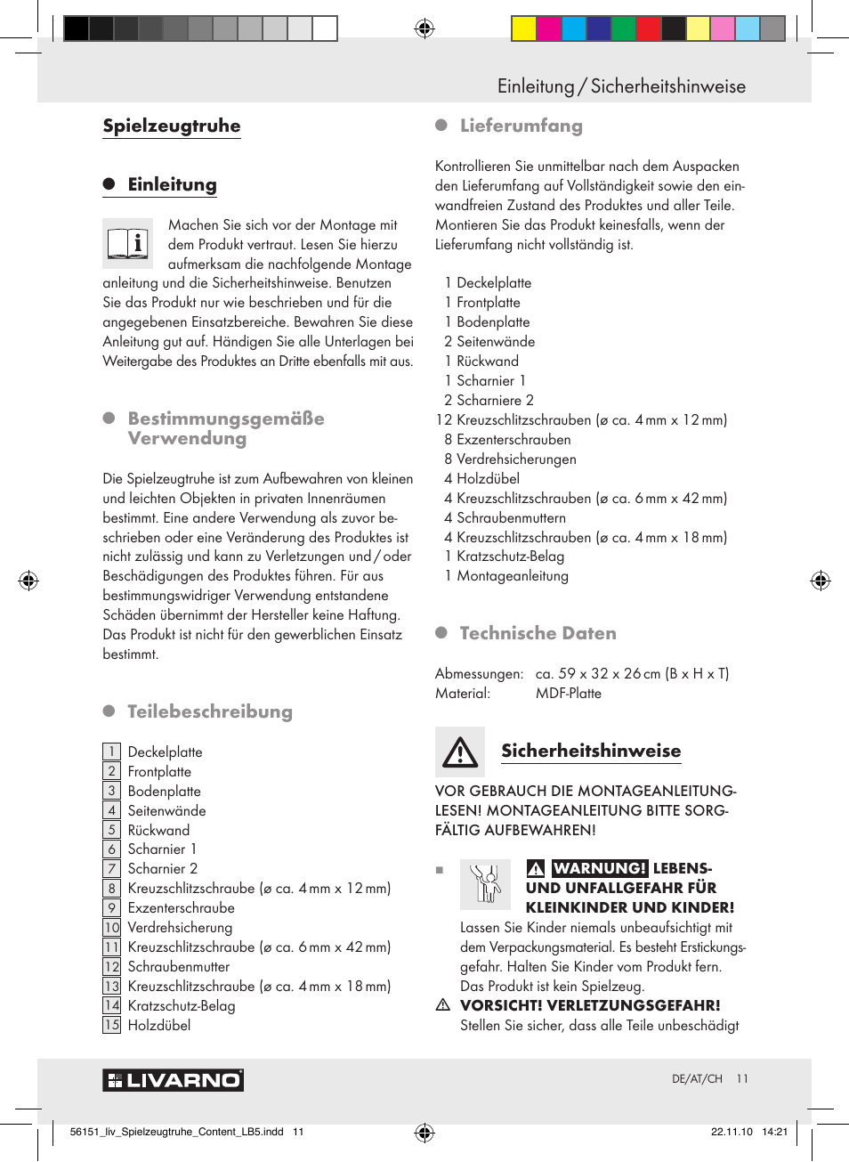 Einleitung / sicherheitshinweise, Spielzeugtruhe, Einleitung | Bestimmungsgemäße verwendung, Teilebeschreibung, Lieferumfang, Technische daten, Sicherheitshinweise | Livarno Z30612A-B User Manual | Page 9 / 13