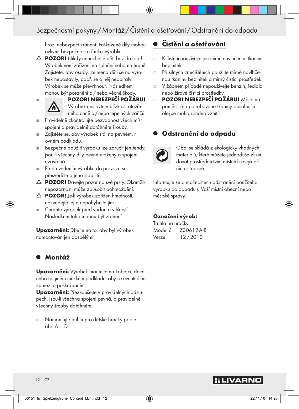 Montáž, Čistění a ošetřování, Odstranění do odpadu | Livarno Z30612A-B User Manual | Page 10 / 17