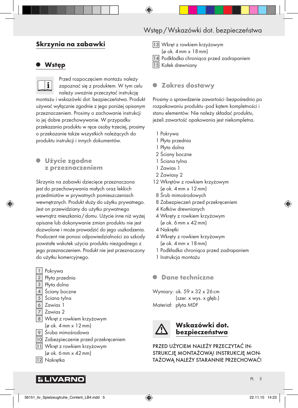 Wstęp / wskazówki dot. bezpieczeństwa, Skrzynia na zabawki, Wstęp | Użycie zgodne z przeznaczeniem, Zakres dostawy, Dane techniczne, Wskazówki dot. bezpieczeństwa | Livarno Z30612A-B User Manual | Page 3 / 17