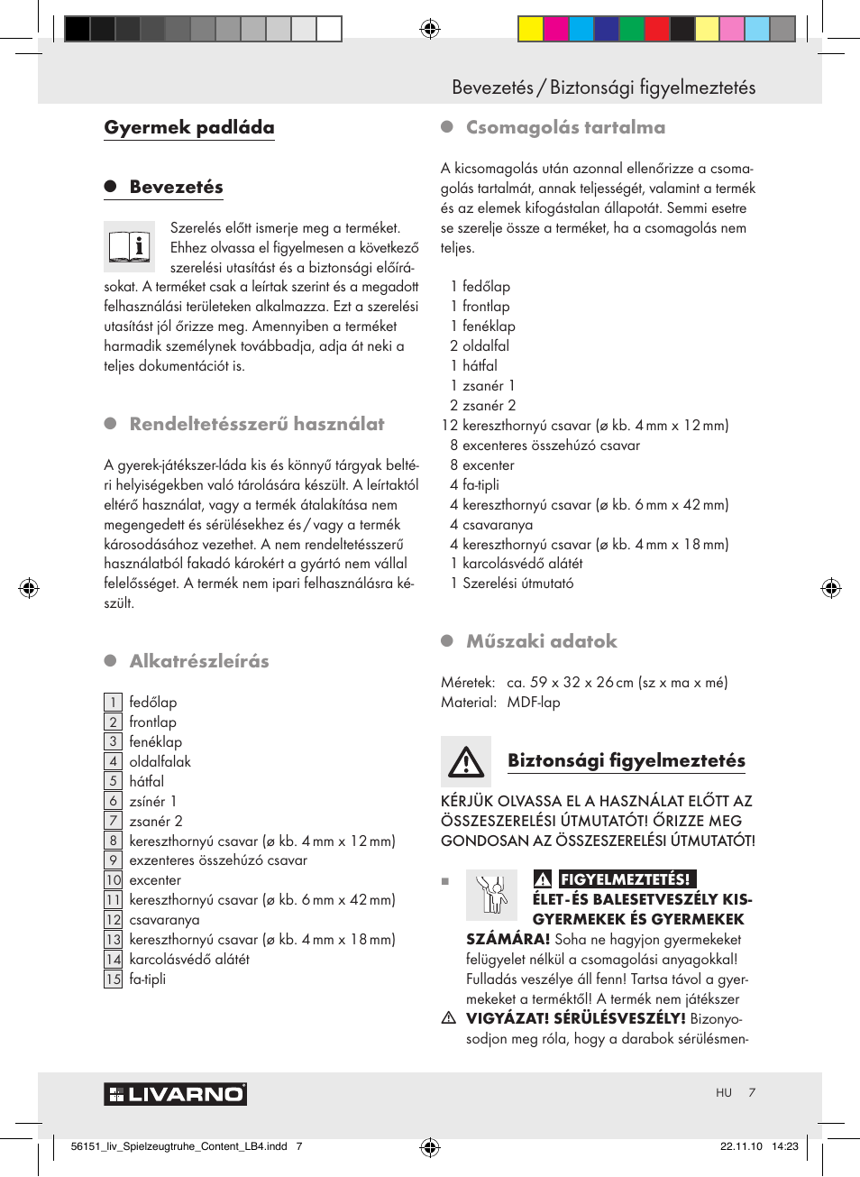 Bevezetés / biztonsági figyelmeztetés, Gyermek padláda, Bevezetés | Rendeltetésszerű használat, Alkatrészleírás, Csomagolás tartalma, Műszaki adatok, Biztonsági figyelmeztetés | Livarno Z30612A-B User Manual | Page 5 / 17