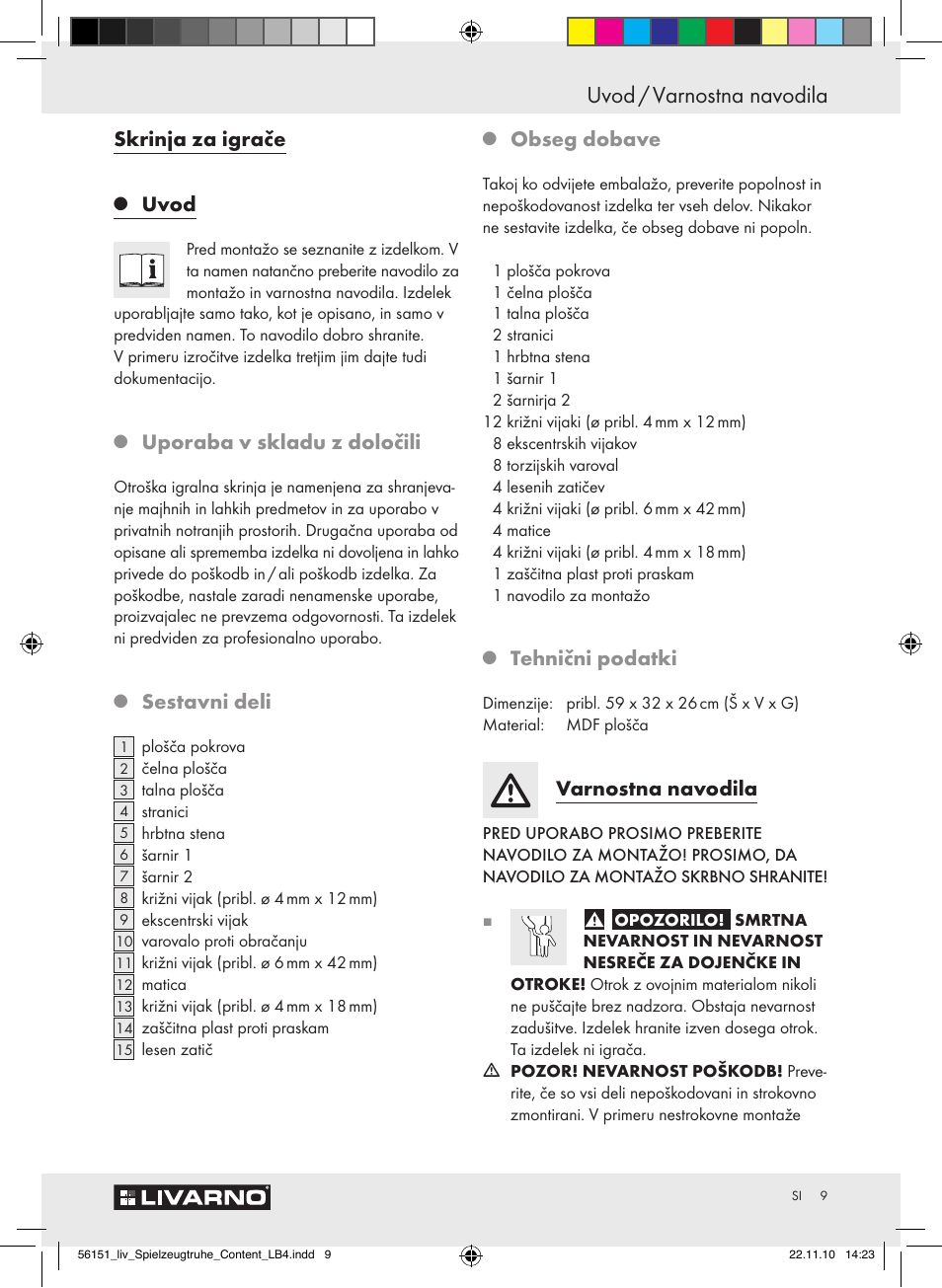 Uvod / varnostna navodila, Skrinja za igrače, Uvod | Uporaba v skladu z določili, Sestavni deli, Obseg dobave, Tehnični podatki, Varnostna navodila | Livarno Z30612A-B User Manual | Page 7 / 17