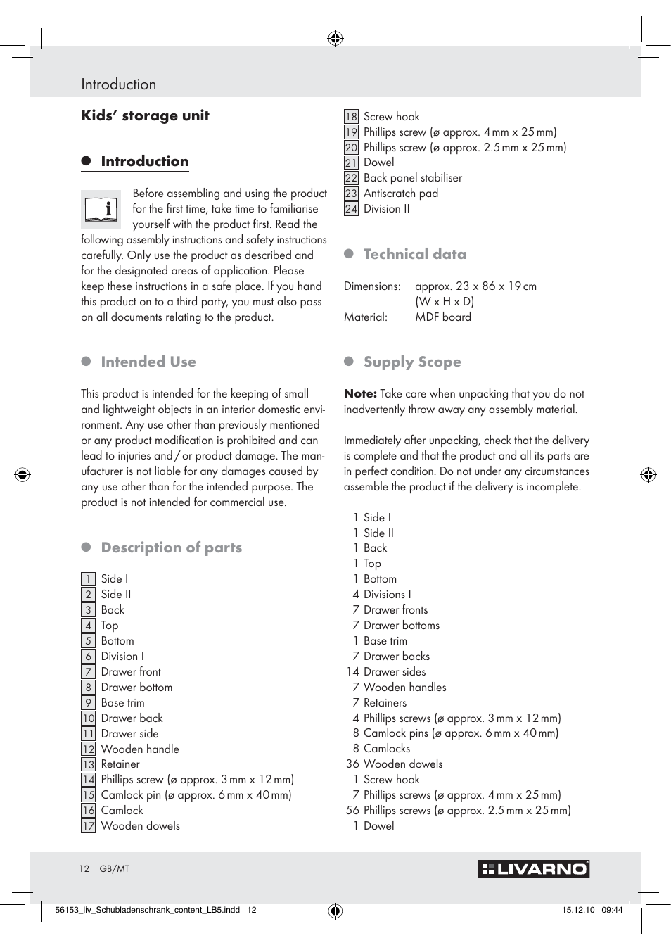 Introduction, Kids’ storage unit, Intended use | Description of parts, Technical data, Supply scope | Livarno Z30614A/Z30614B User Manual | Page 10 / 18