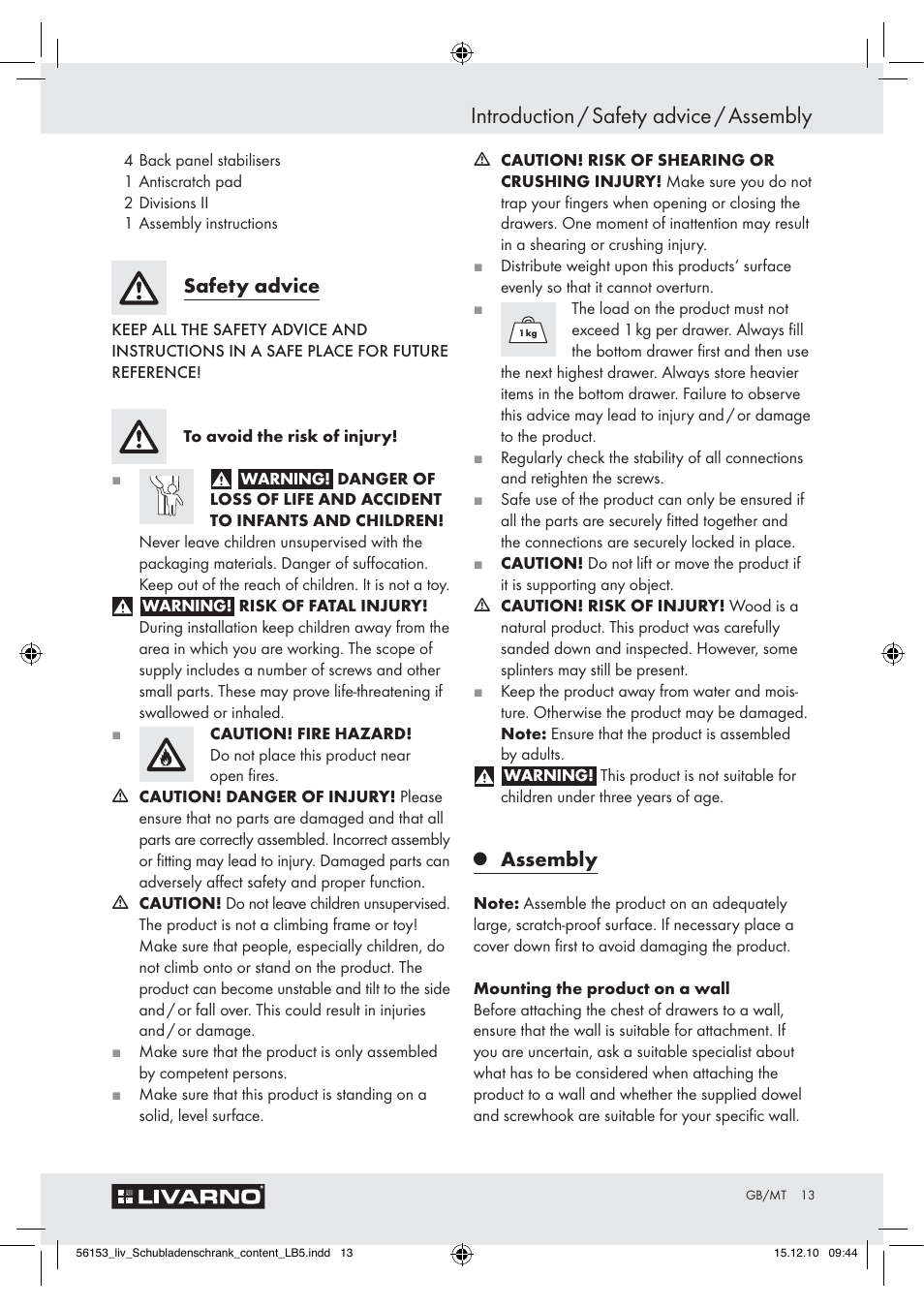 Introduction / safety advice / assembly, Safety advice, Assembly | Livarno Z30614A/Z30614B User Manual | Page 11 / 18