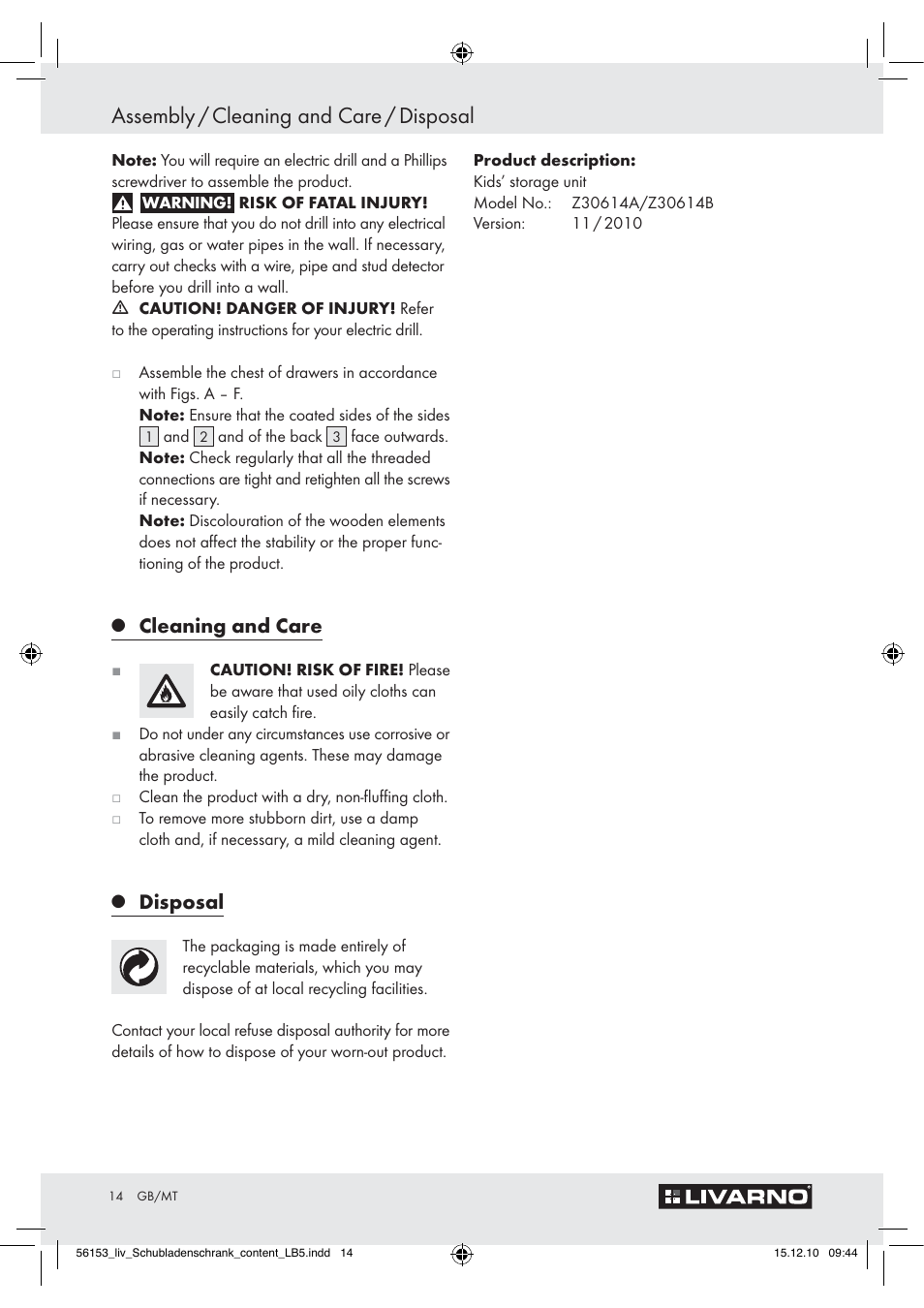 Assembly / cleaning and care / disposal, Cleaning and care, Disposal | Livarno Z30614A/Z30614B User Manual | Page 12 / 18