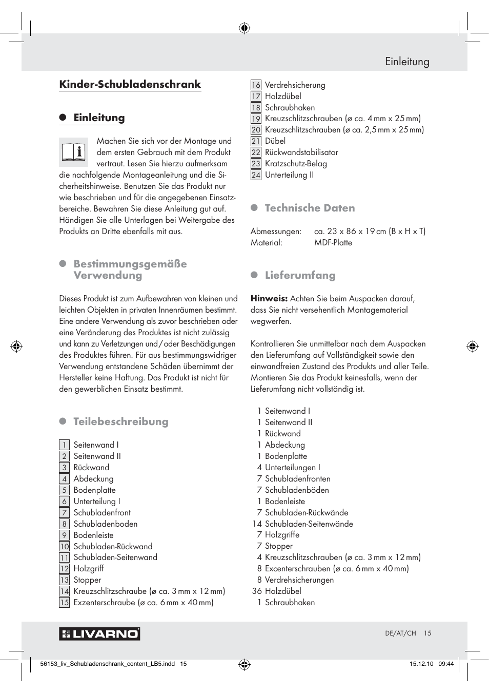 Einleitung, Kinder-schubladenschrank, Bestimmungsgemäße verwendung | Teilebeschreibung, Technische daten, Lieferumfang | Livarno Z30614A/Z30614B User Manual | Page 13 / 18