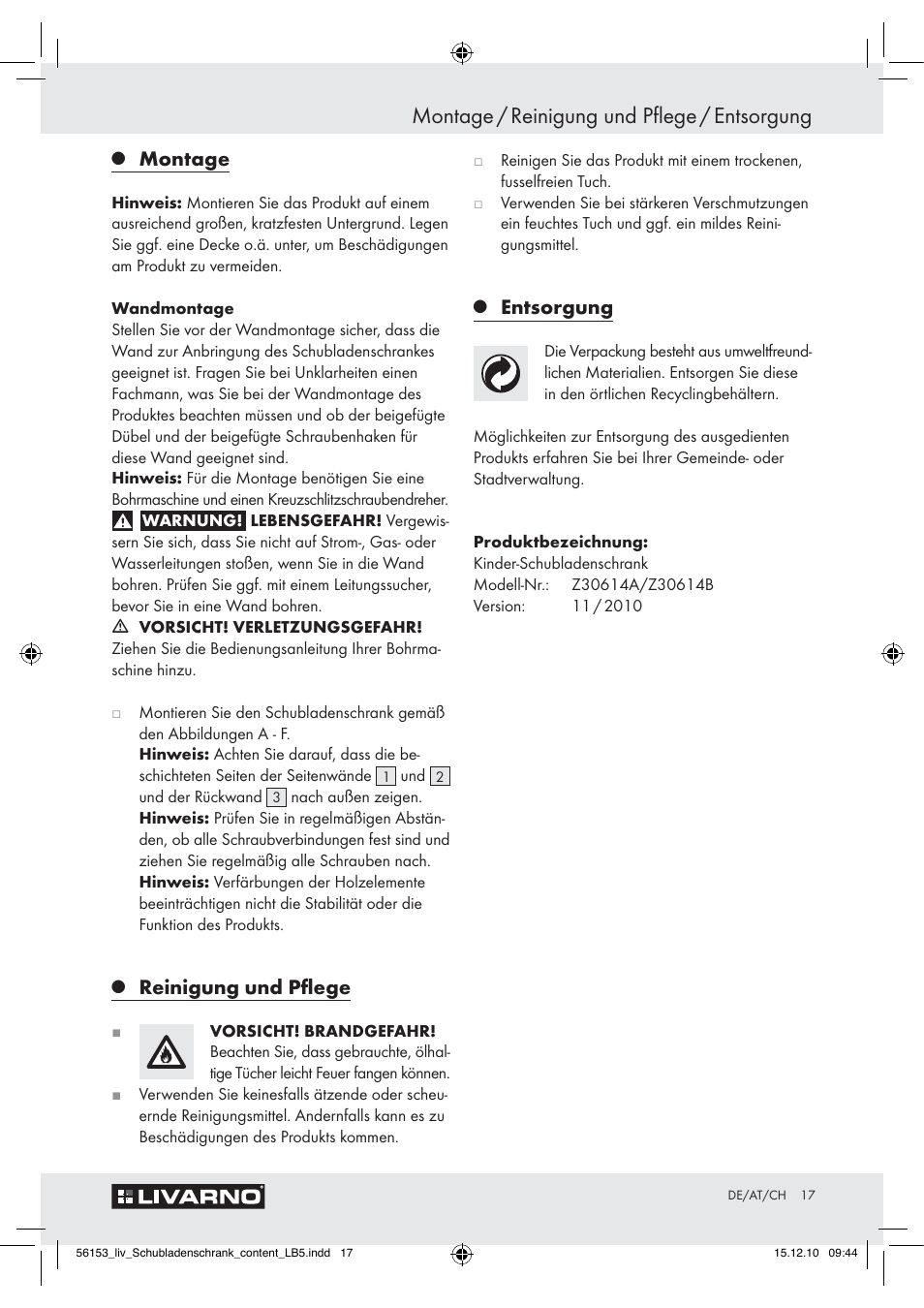 Montage / reinigung und pflege / entsorgung, Montage, Reinigung und pﬂege | Entsorgung | Livarno Z30614A/Z30614B User Manual | Page 15 / 18