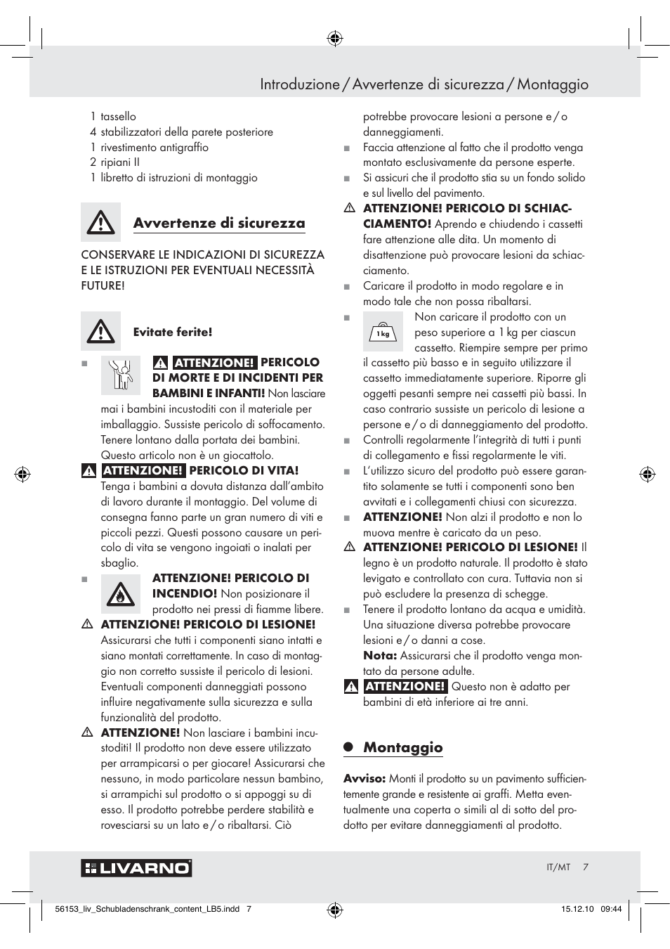 Introduzione / avvertenze di sicurezza / montaggio, Avvertenze di sicurezza, Montaggio | Livarno Z30614A/Z30614B User Manual | Page 5 / 18