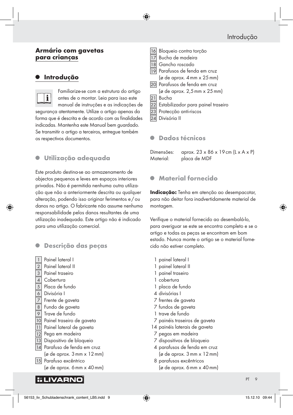 Introdução, Armário com gavetas para crianças, Utilização adequada | Descrição das peças, Dados técnicos, Material fornecido | Livarno Z30614A/Z30614B User Manual | Page 7 / 18