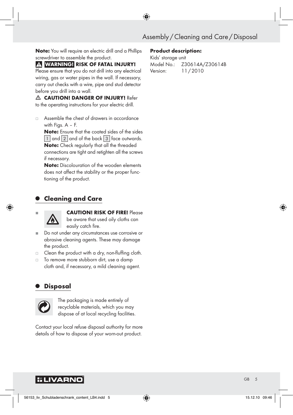 Assembly / cleaning and care / disposal, Cleaning and care, Disposal | Livarno Z30614A/Z30614B User Manual | Page 3 / 24
