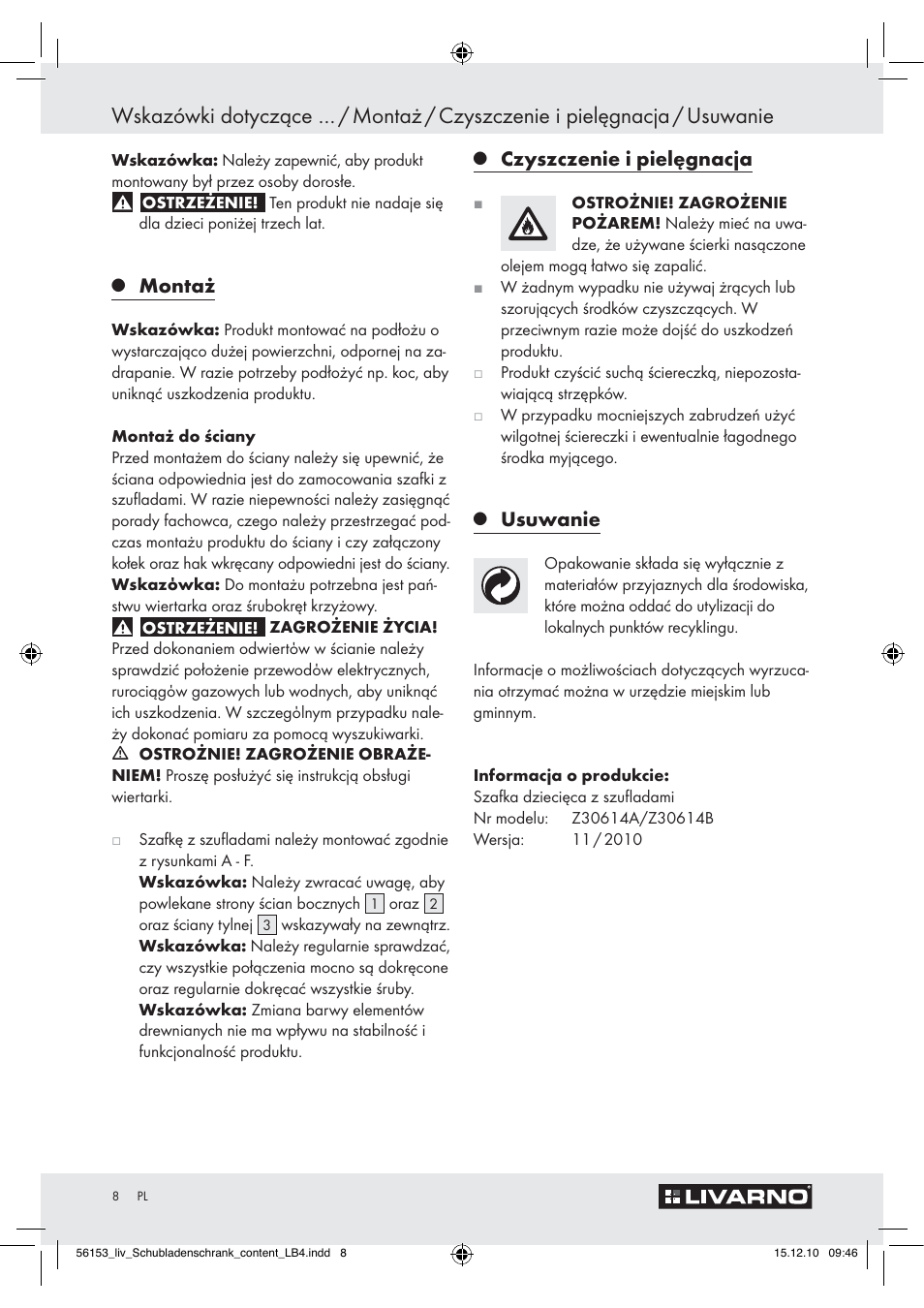 Montaż, Czyszczenie i pielęgnacja, Usuwanie | Livarno Z30614A/Z30614B User Manual | Page 6 / 24