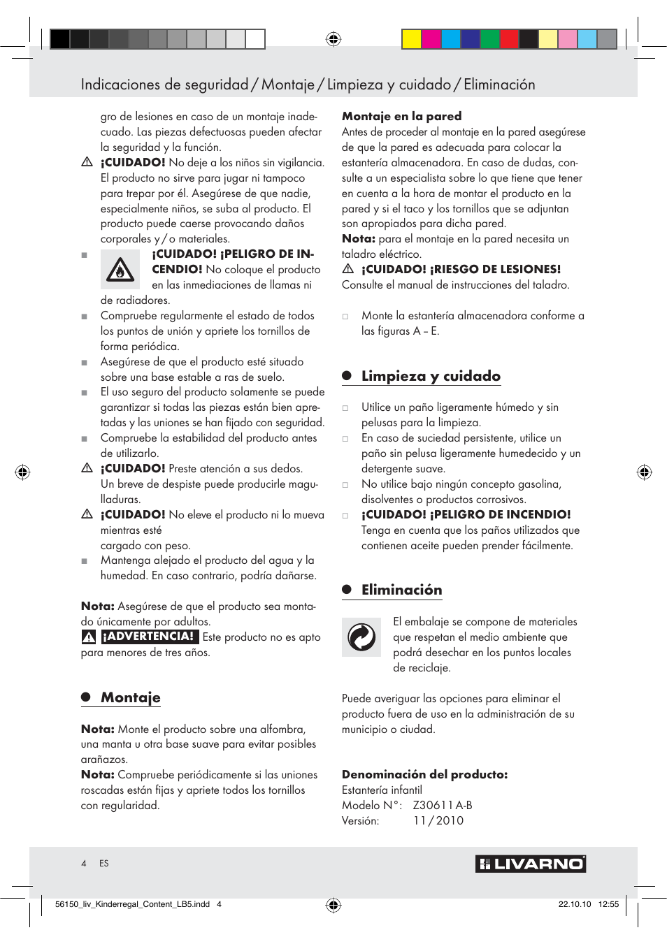 Montaje, Limpieza y cuidado, Eliminación | Livarno Z30611 A-B User Manual | Page 2 / 14
