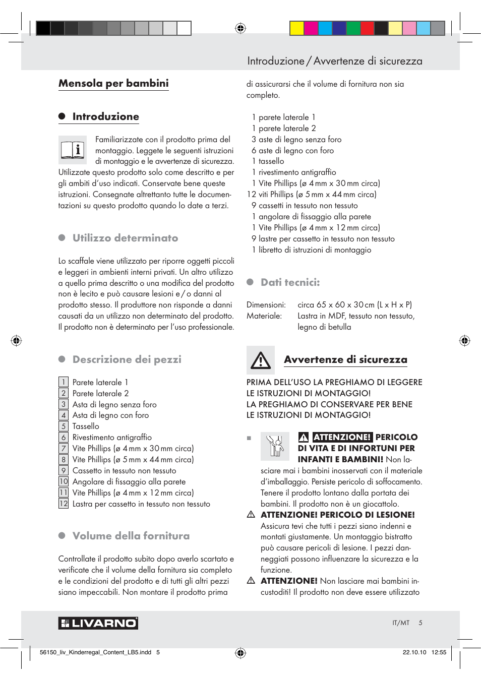 Introduzione / avvertenze di sicurezza, Mensola per bambini, Introduzione | Utilizzo determinato, Descrizione dei pezzi, Volume della fornitura, Dati tecnici, Avvertenze di sicurezza | Livarno Z30611 A-B User Manual | Page 3 / 14