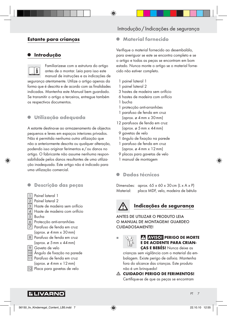 Introdução / indicações de segurança, Estante para crianças, Introdução | Utilização adequada, Descrição das peças, Material fornecido, Dados técnicos, Indicações de segurança | Livarno Z30611 A-B User Manual | Page 5 / 14