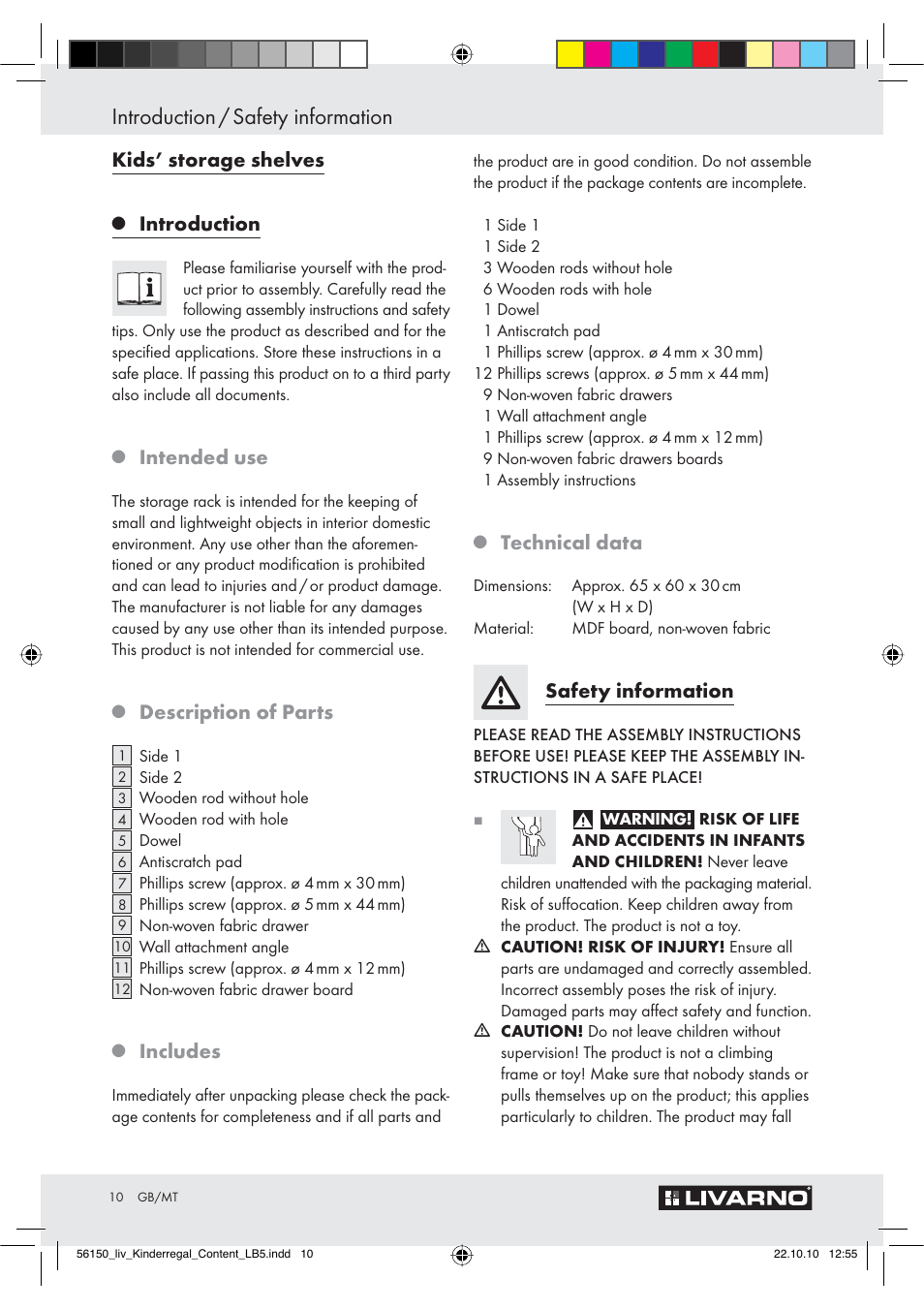 Introduction / safety information, Kids’ storage shelves, Introduction | Intended use, Description of parts, Includes, Technical data, Safety information | Livarno Z30611 A-B User Manual | Page 8 / 14