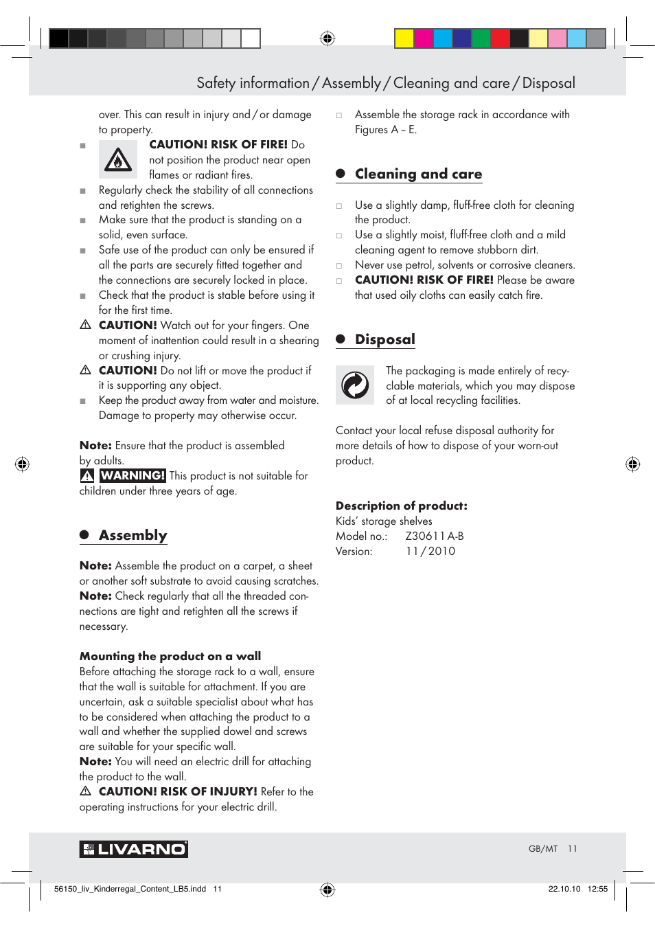 Assembly, Cleaning and care, Disposal | Livarno Z30611 A-B User Manual | Page 9 / 14