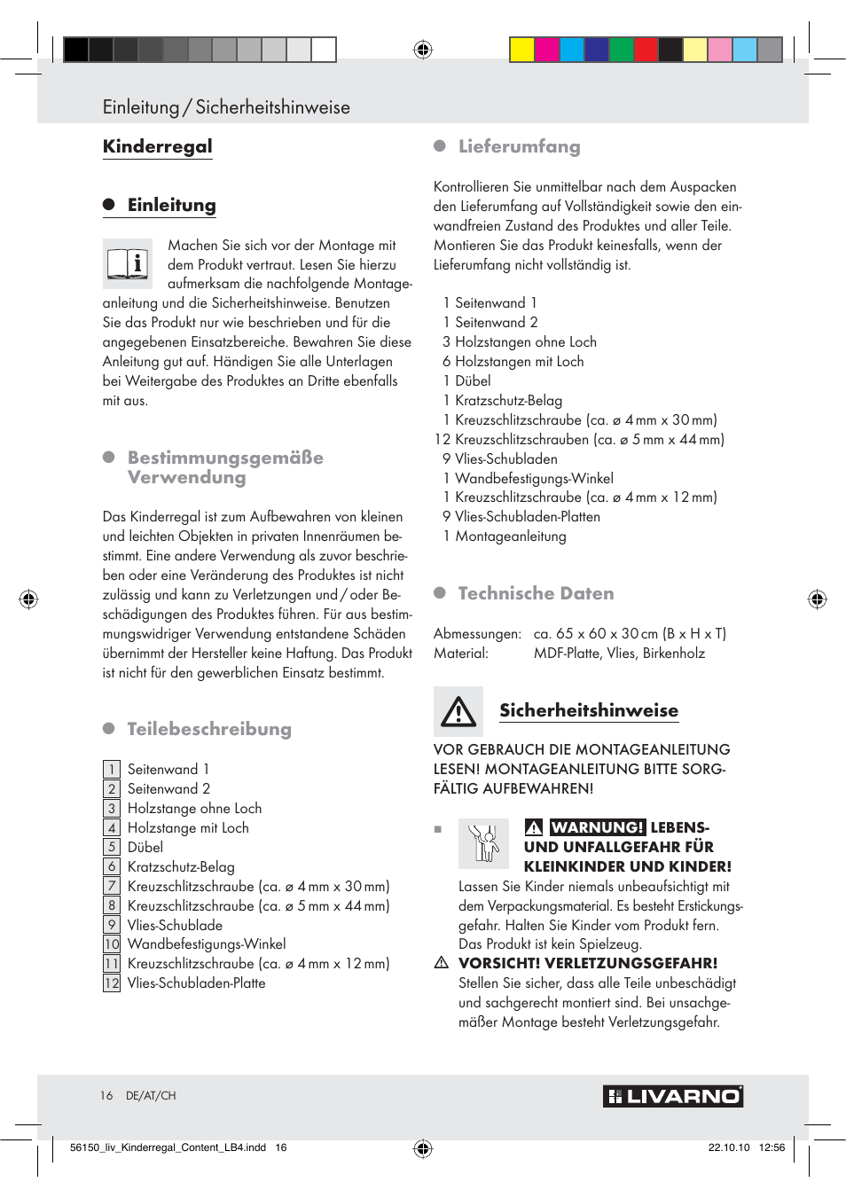 Einleitung / sicherheitshinweise, Kinderregal, Einleitung | Bestimmungsgemäße verwendung, Teilebeschreibung, Lieferumfang, Technische daten, Sicherheitshinweise | Livarno Z30611 A-B User Manual | Page 14 / 18