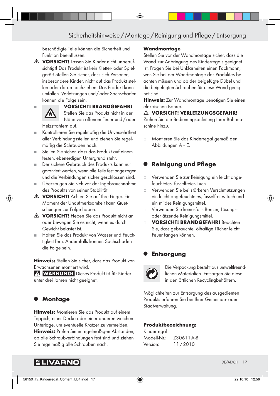 Montage, Reinigung und pﬂege, Entsorgung | Livarno Z30611 A-B User Manual | Page 15 / 18