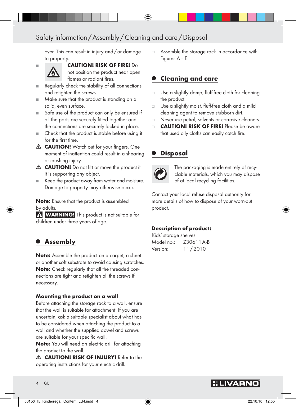 Assembly, Cleaning and care, Disposal | Livarno Z30611 A-B User Manual | Page 2 / 18