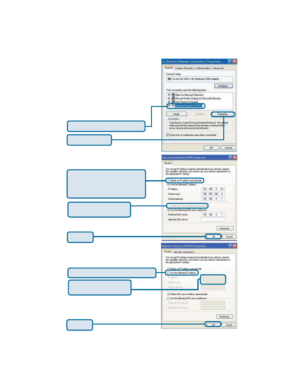 Ip address configuration, For microsoft windows xp, Static ip address setup | Dynamic ip address setup | D-Link DWL-120+ User Manual | Page 10 / 12