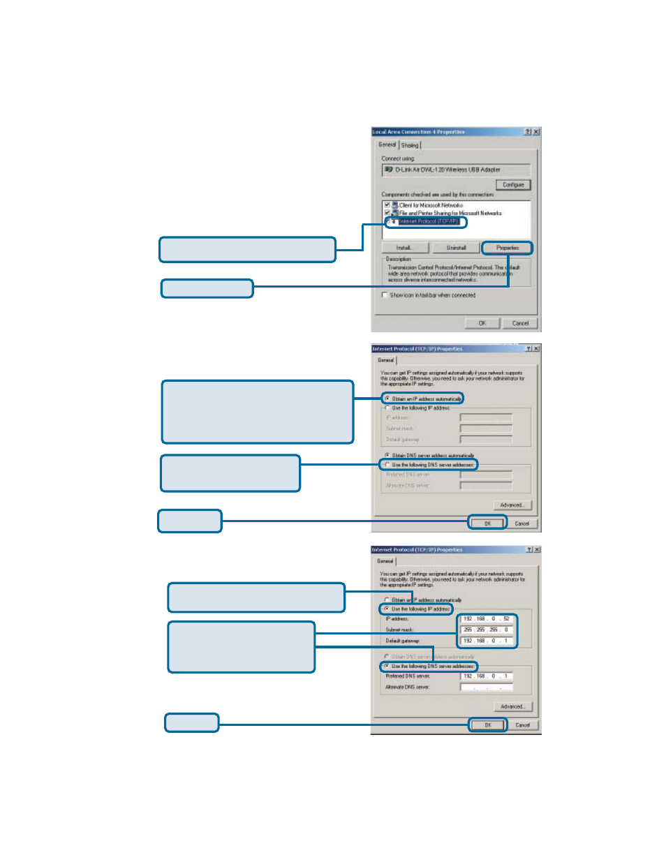 For windows 2000 users, Static ip address setup, Dynamic ip address setup | D-Link DWL-120+ User Manual | Page 11 / 12