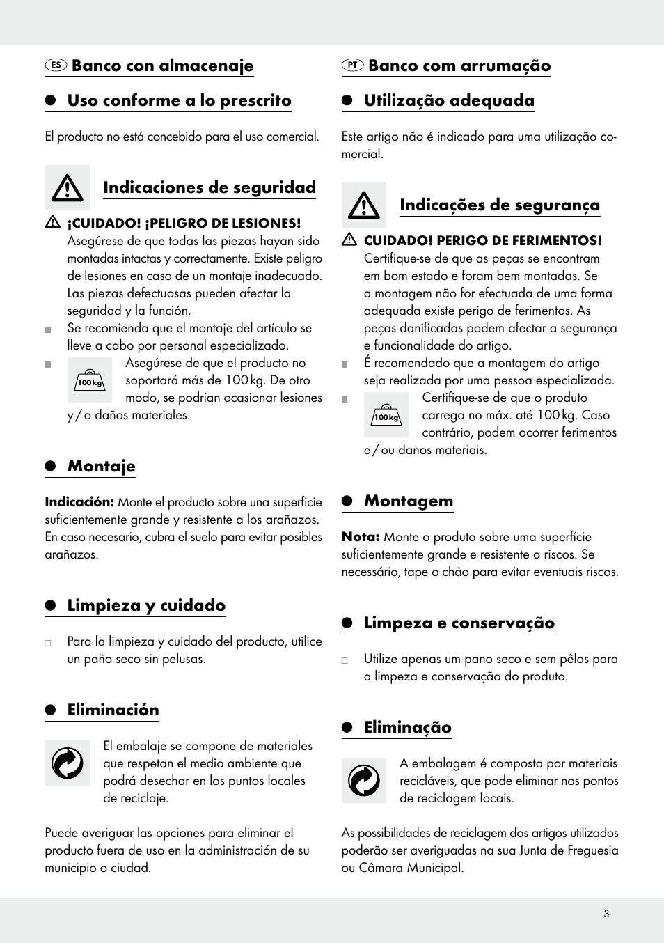 Banco con almacenaje uso conforme a lo prescrito, Indicaciones de seguridad, Montaje | Limpieza y cuidado, Eliminación, Banco com arrumação utilização adequada, Indicações de segurança, Montagem, Limpeza e conservação, Eliminação | Livarno Z29970 User Manual | Page 3 / 9