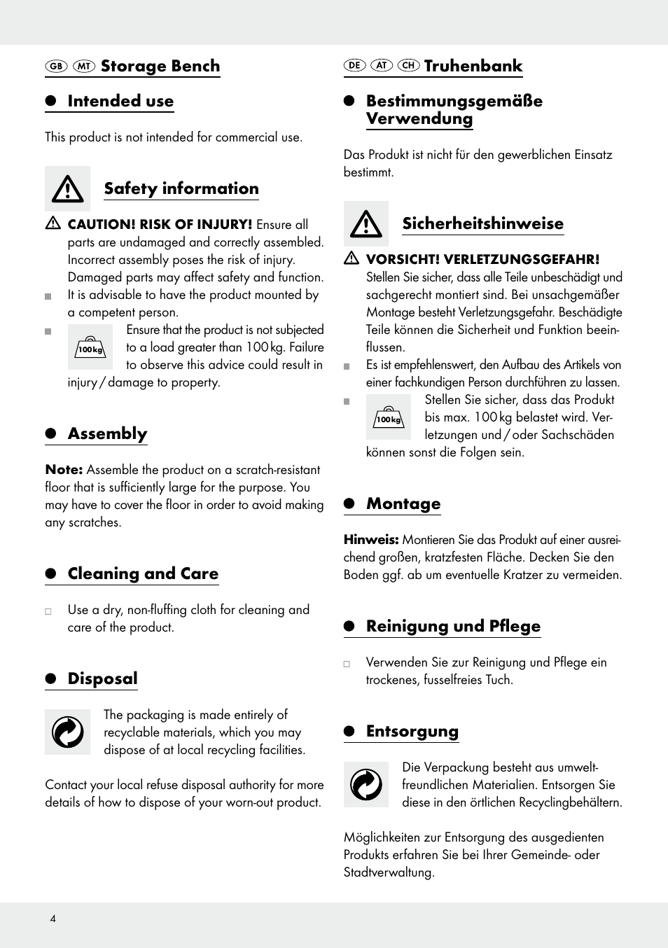 Storage bench intended use, Safety information, Assembly | Cleaning and care, Disposal, Truhenbank bestimmungsgemäße verwendung, Sicherheitshinweise, Montage, Reinigung und pflege, Entsorgung | Livarno Z29970 User Manual | Page 4 / 9