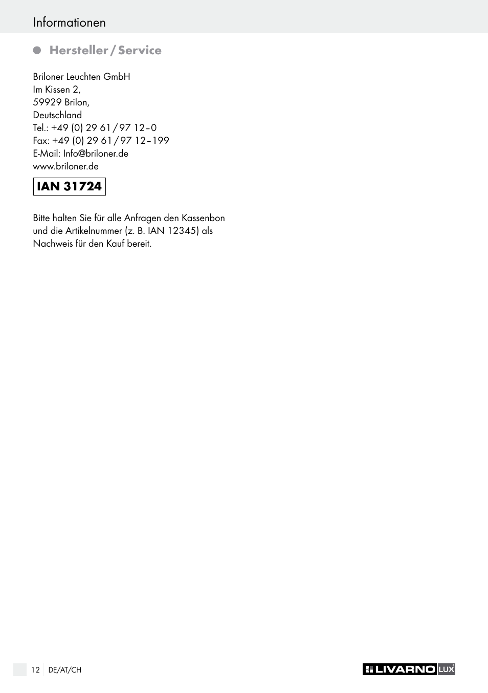 Informationen | Livarno LED Tube Light User Manual | Page 12 / 17