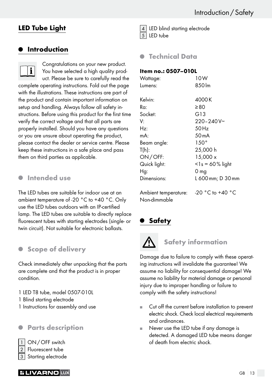 Introduction / safety, Led tube light introduction, Intended use | Scope of delivery, Parts description, Technical data, Safety safety information | Livarno LED Tube Light User Manual | Page 13 / 17