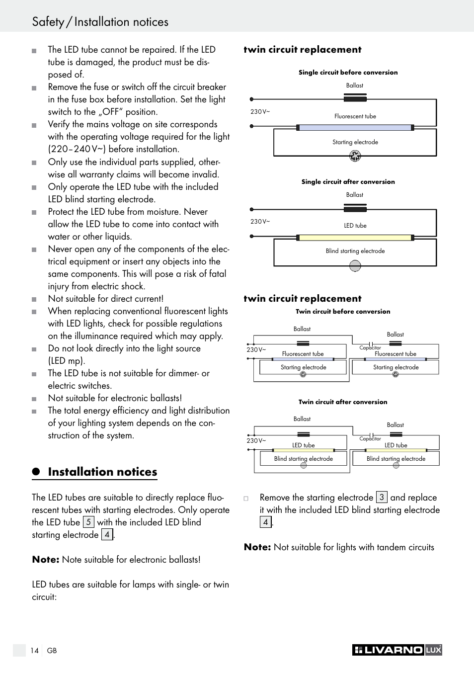 Safety / installation notices, Installation notices | Livarno LED Tube Light User Manual | Page 14 / 17