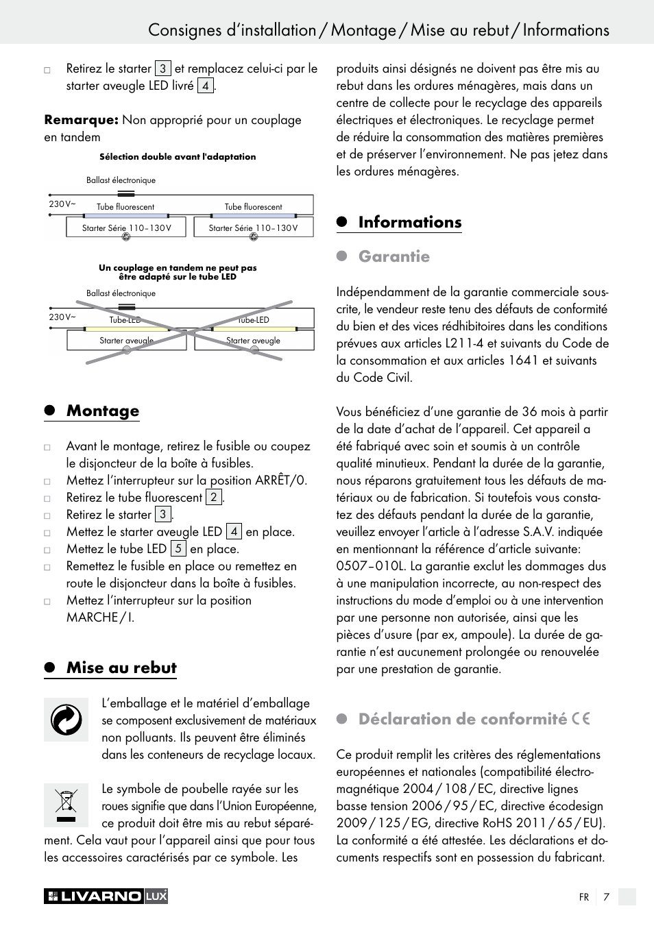 Montage, Mise au rebut, Informations garantie | Déclaration de conformité | Livarno LED Tube Light User Manual | Page 7 / 17