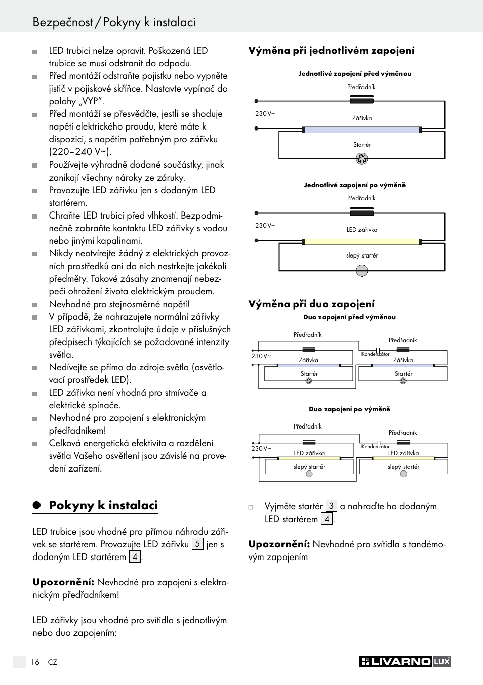 Bezpečnost / pokyny k instalaci, Pokyny k instalaci | Livarno LED Tube Light User Manual | Page 16 / 23