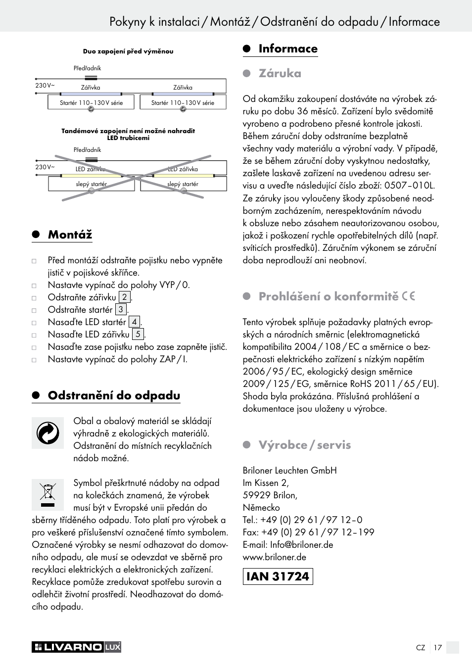 Montáž, Odstranění do odpadu, Informace záruka | Prohlášení o konformitě, Výrobce / servis | Livarno LED Tube Light User Manual | Page 17 / 23