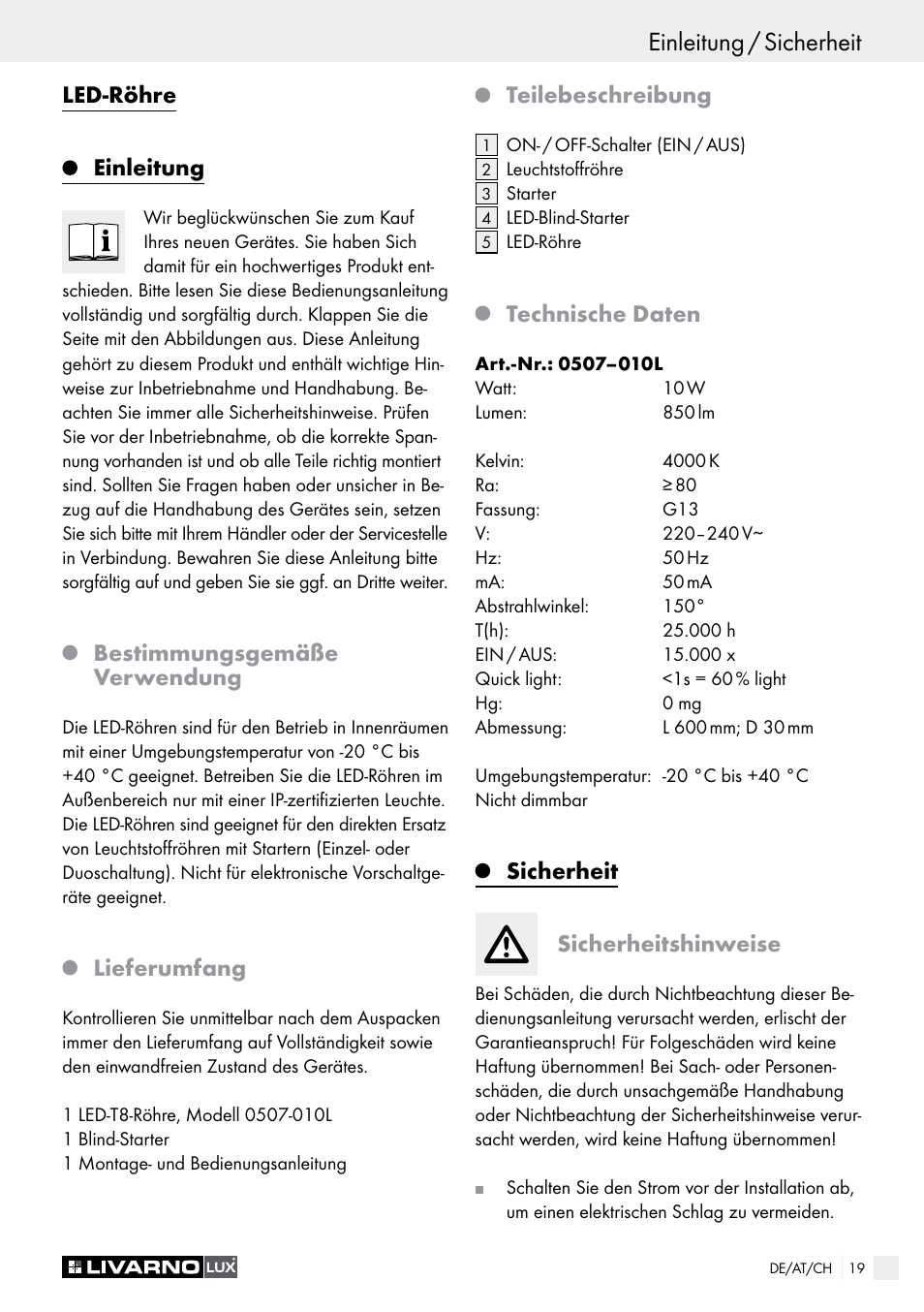 Einleitung / sicherheit, Led-röhre einleitung, Bestimmungsgemäße verwendung | Lieferumfang, Teilebeschreibung, Technische daten, Sicherheit sicherheitshinweise | Livarno LED Tube Light User Manual | Page 19 / 23