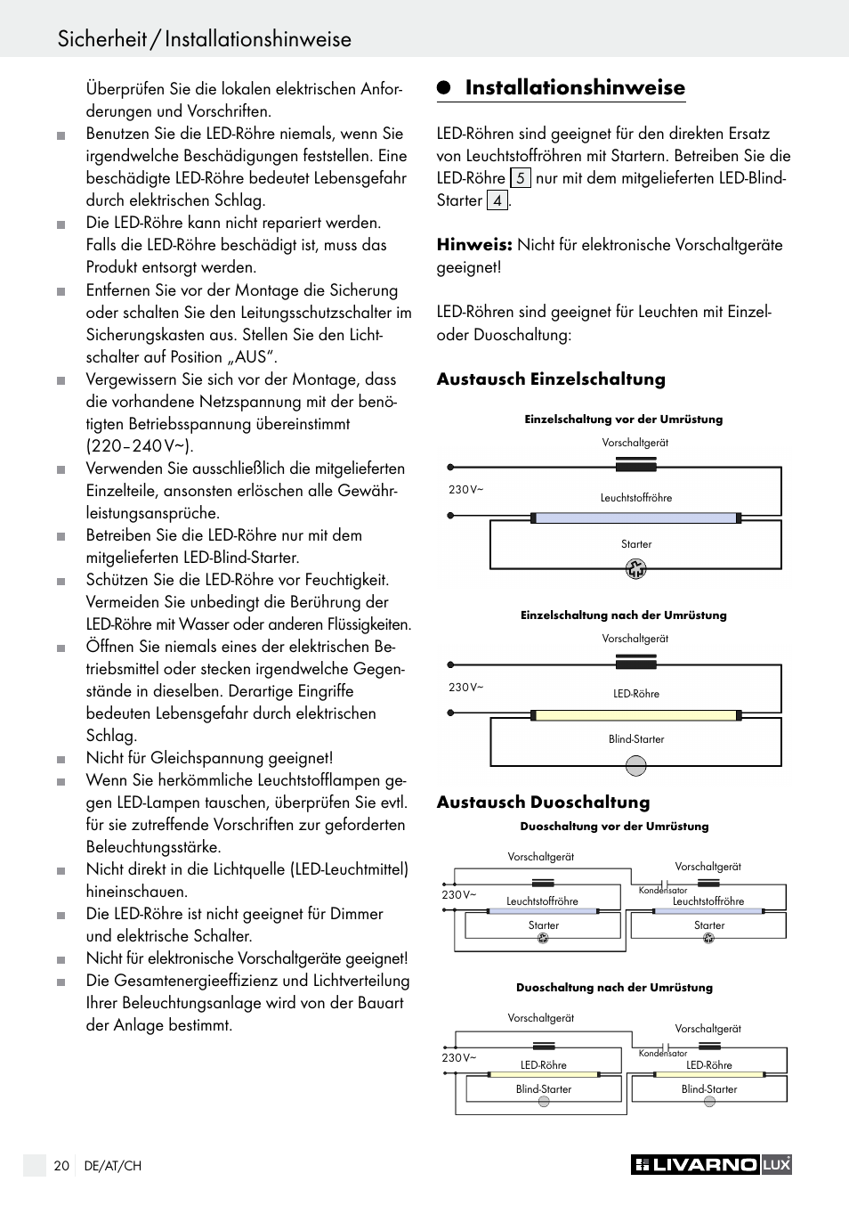 Sicherheit / installationshinweise, Installationshinweise | Livarno LED Tube Light User Manual | Page 20 / 23