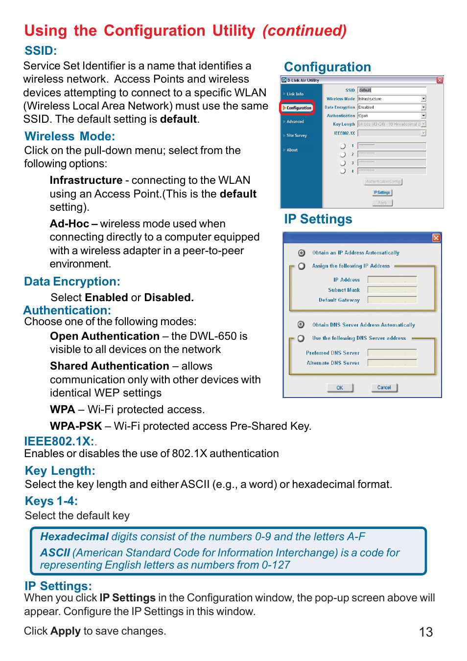 Using the configuration utility (continued) | D-Link AIR DWL-610 User Manual | Page 13 / 51