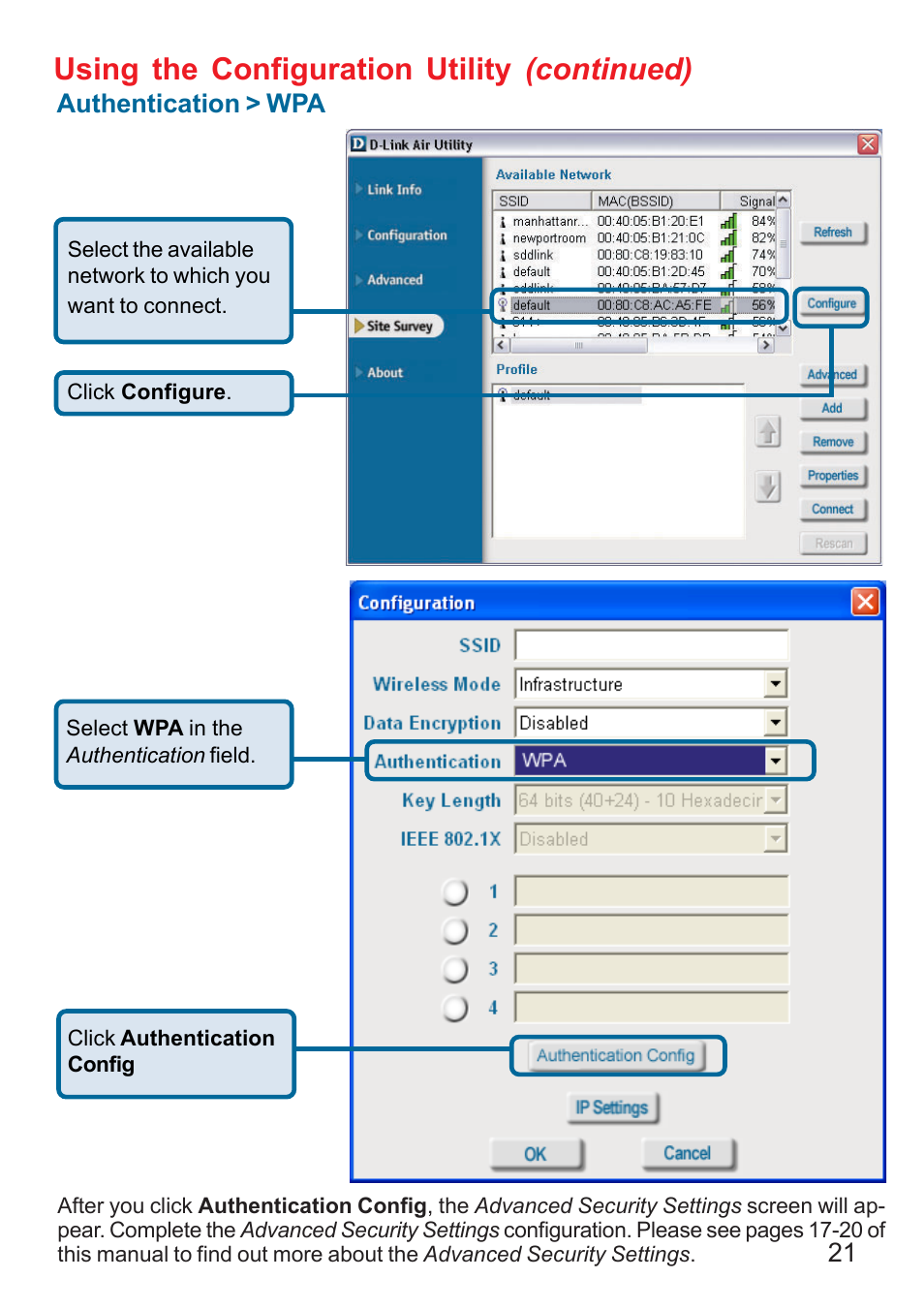 Using the configuration utility (continued) | D-Link AIR DWL-610 User Manual | Page 21 / 51