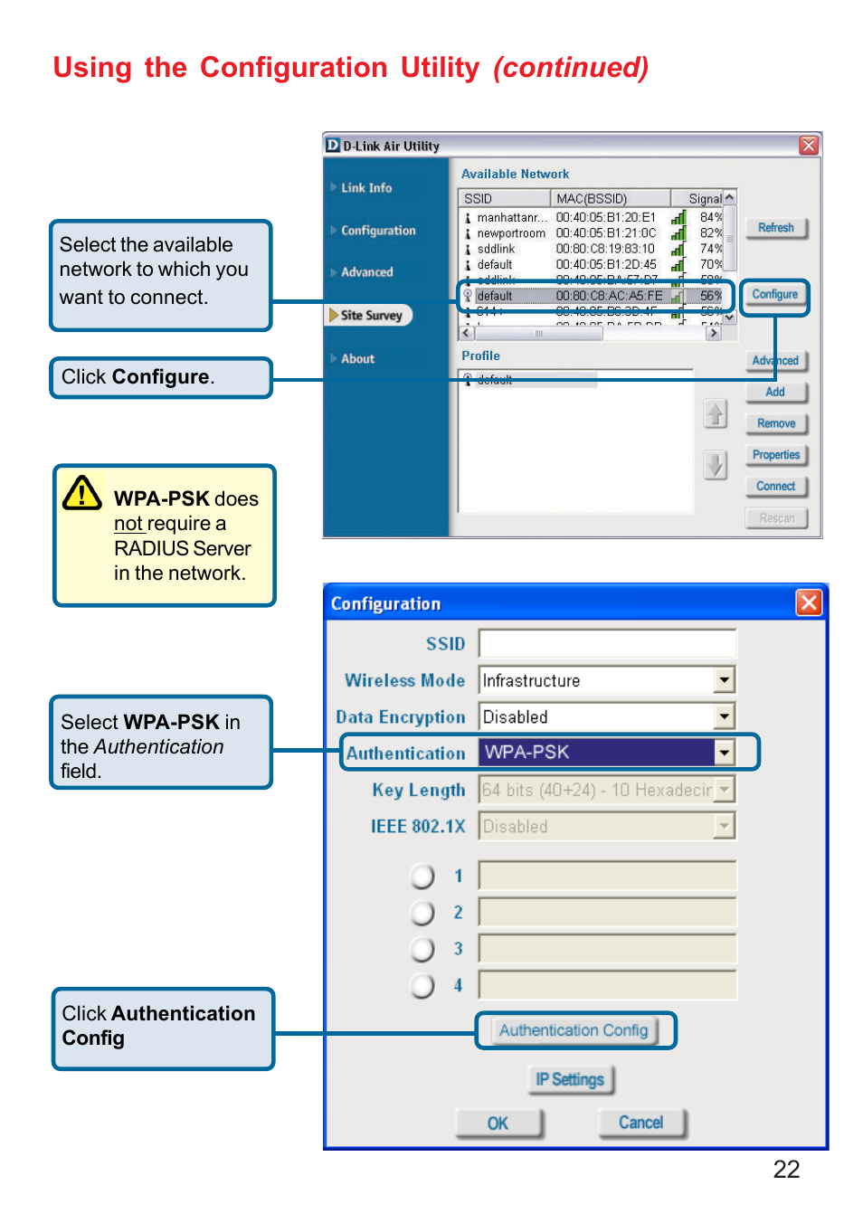 Using the configuration utility (continued) | D-Link AIR DWL-610 User Manual | Page 22 / 51