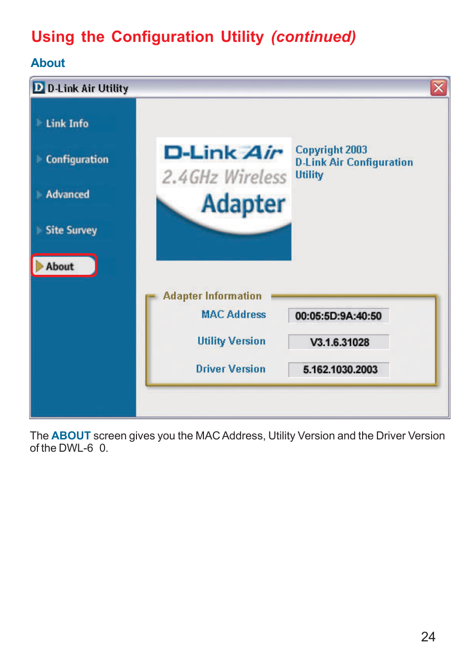 Using the configuration utility (continued) | D-Link AIR DWL-610 User Manual | Page 24 / 51