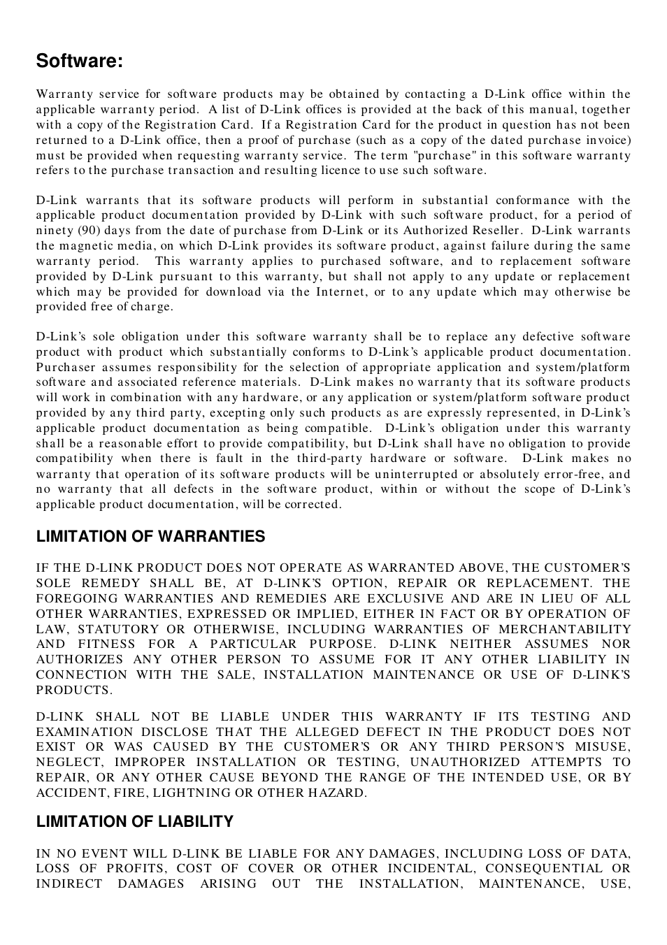 Software, Limitation of warranties, Limitation of liability | D-Link AIR DWL-610 User Manual | Page 47 / 51