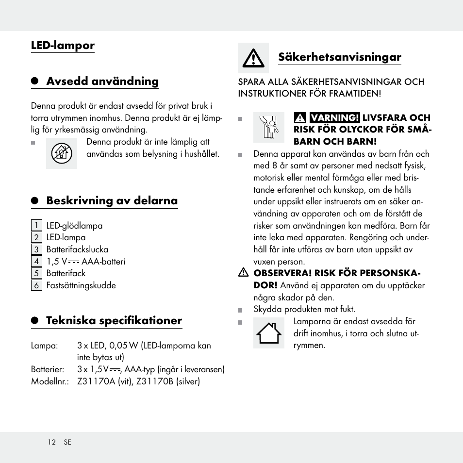 Led-lampor avsedd användning, Beskrivning av delarna, Tekniska specifikationer | Säkerhetsanvisningar | Livarno Z31170A /Z31170B User Manual | Page 12 / 32