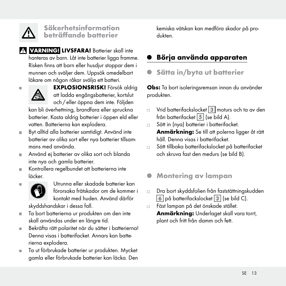 Säkerhetsinformation beträffande batterier, Börja använda apparaten sätta in/byta ut batterier, Montering av lampan | Livarno Z31170A /Z31170B User Manual | Page 13 / 32