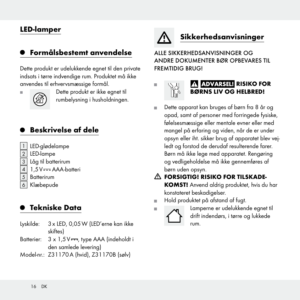 Led-lamper formålsbestemt anvendelse, Beskrivelse af dele, Tekniske data | Sikkerhedsanvisninger | Livarno Z31170A /Z31170B User Manual | Page 16 / 32