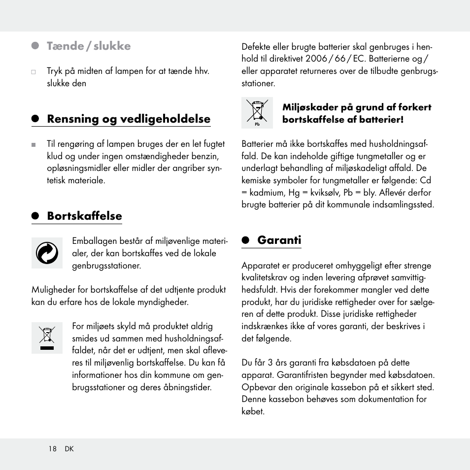 Tænde / slukke, Rensning og vedligeholdelse, Bortskaffelse | Garanti | Livarno Z31170A /Z31170B User Manual | Page 18 / 32